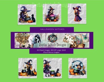Halloween heksen clipart | Ketel en zwarte kat (digitale download)