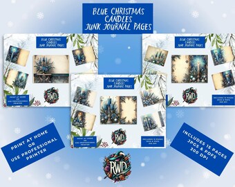 Blauwe kerstkaars rommeldagboek | Afdrukbare digitale pagina's (pdf en jpg)