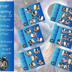 Op de afbeelding: Een digitale download van 33 afdrukbare pagina's voor een junk journal. De pagina's hebben een blauwe achtergrond met een hemels thema en de tekst "Lunar Alchemy: The Magic of the Eclipse". De pagina's zijn 28 cm x 21,5 cm groot en hebben een resolutie van 300 DPI.
