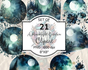 Moonlight Garden-clipart | Mystieke bloemen png-afbeeldingen (digitale download)