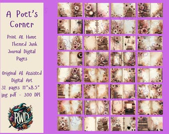 Vintage literaire junk-dagboekkit | Schrijfpagina's met bloemen (digitale download)