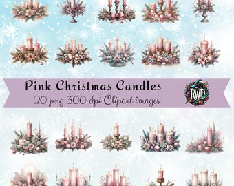 Clipart roze kerstkaars | Feestelijk kaarsstuk (digitale download)