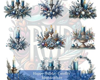 Blauwe kerstkaarsen clipart | Zilveren kerstversieringen (digitale download)