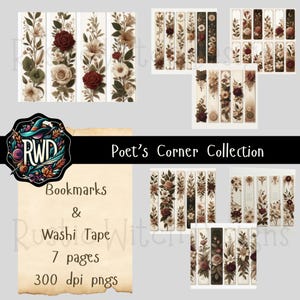 A Poet’s Corner Lesezeichen & Washi Tape Set | Vintage Blumen Digitale Grafiken für Junk Journals | Scrapbooking | Sublimationsfreundlich