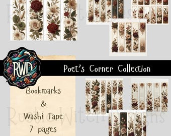 Set vintage bloemen bladwijzers en washitape | Grafische afbeeldingen junkjournal (digitale download)