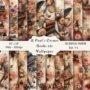 Poet's Corner, boeken, enz. Behangset #1 | Vintage set junkjournalen | Geïnspireerd door romantiek | Vintage boeken | Digitale achtergrondpapieren