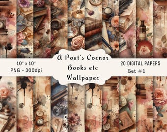 Vintage boeken digitaal papier | Poet's Corner-junkjournaalset (digitale download)