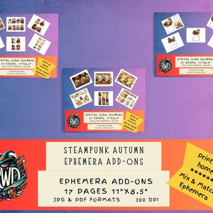 Compléments éphémères Steampunk automne Junk Journal | Cartes postales | Timbres | Mots-clés | Cadres | Mini enveloppes | Feuillets