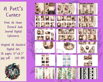 Vintage literaire ephemera-set | Gekleurd papier met bloemenkoffie (digitale download)