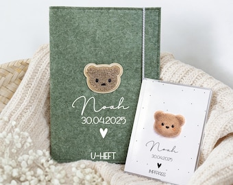 Personalisierte U-Heft Hülle aus Filz | mit Name | Geschenk Baby | Untersuchungsheft Schutz Bär
