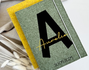 Personalisierte U-Heft Hülle aus Filz mit großem Buchstaben | U-Heft Hülle mit Name & Datum | Geschenk zur Geburt oder Taufe | handmade