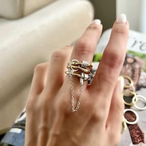 Triple Ring With Chain,Double Ring With Chain,Two Tone Ring,Statement Ring,Chunky Ring,925 Sterling Silver,14k Gold Plated,Gift For Her.