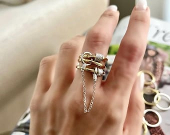 Triple Ring With Chain,Double Ring With Chain,Two Tone Ring,Statement Ring,Chunky Ring,925 Sterling Silver,14k Gold Plated,Gift For Her.