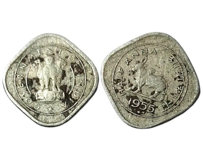 1954 India Half Anna Coin | Square Copper-Nickel Numismatic Collectible