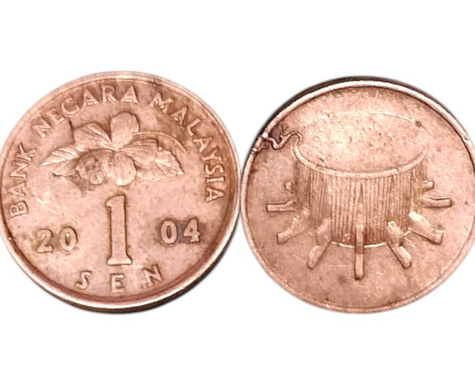 2004 Malaysia 1 Sen Coin, Hibiscus Flower, Rebana Ubi Drum, Numismatic Collectible