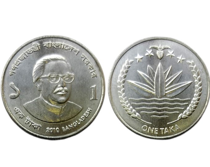 Vintage Bangladesh 1 Taka Coin 2010 – Sheikh Mujibur Rahman Numismatic Collectible