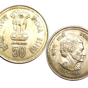 Vintage 1985 India 50 Paise Coin - Indira Gandhi Commemorative - Collectible Indian Coin