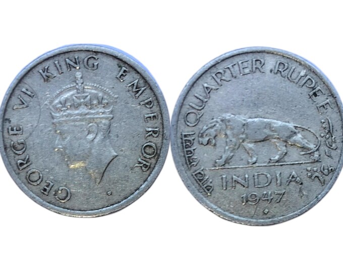 1947 India Quarter Rupee Coin: King George VI, Leaping Lion