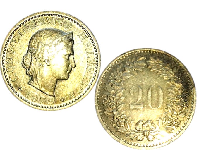 Rare 1978 Swiss 20 Centime Coin - Historic European Numismatic Collectible