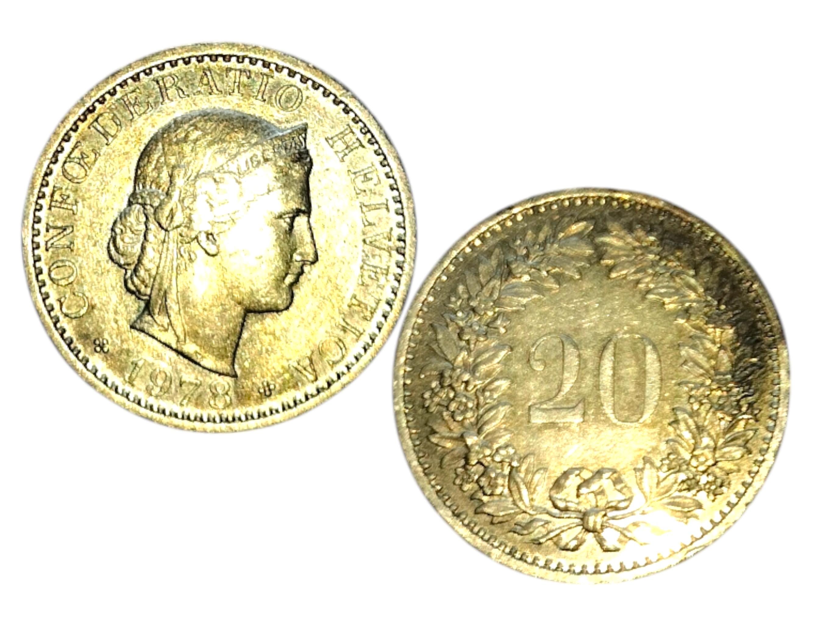 希少な1978年スイス20サンチーム硬貨 - ヨーロッパの歴史的貨幣収集品
