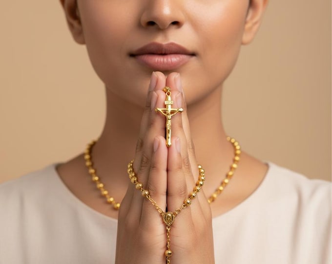Golden Catholic Rosary Necklace with Crucifix | Worldwide Shipping | Luxury Gift Jewelry