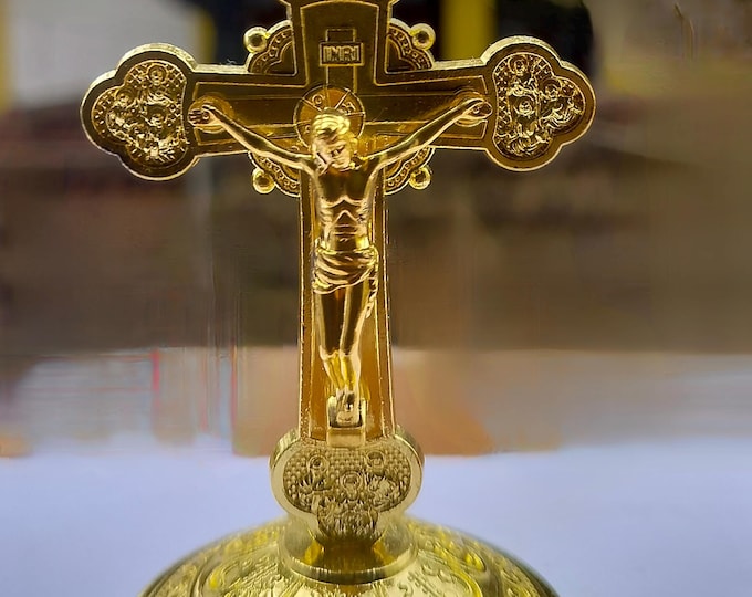 Gold Tone Standing Crucifix | Ornate Catholic Altar Decor