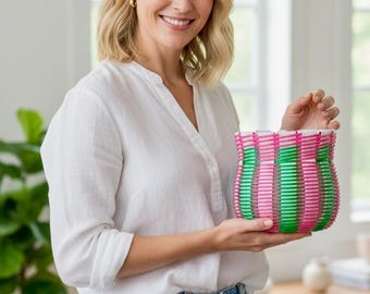 Handmade Woven Plastic Basket, Pink Green Reusable Tote multipurpose pen stand, garten