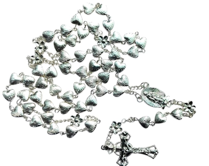 Silver Heart Rosary Necklace | Miraculous Medal, Crucifix, Devotional Prayer Beads