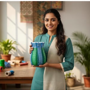 May include: A woman holding a woven basket with blue and green stripes. The basket has a cylindrical shape with a flared top. The woman is wearing a teal and beige tunic. The background includes a wooden table with craft supplies and potted plants.