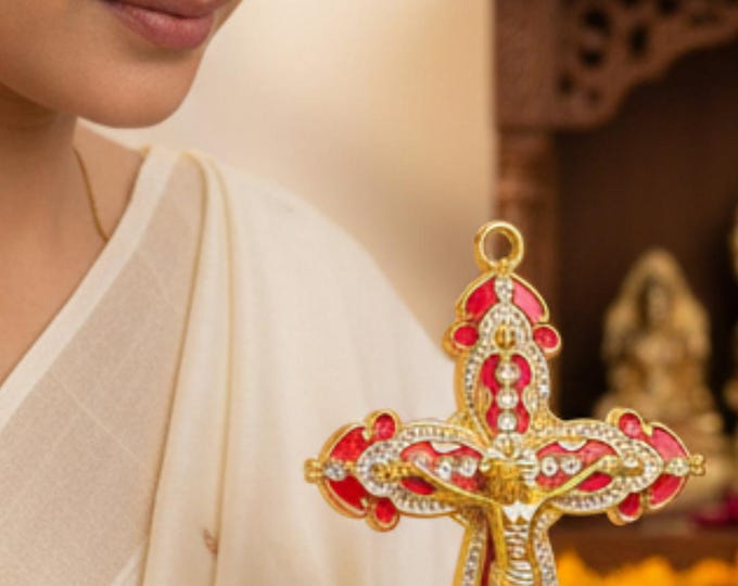 Byzantine Style Red & Gold Standing Crucifix | Religious Housewarming Gift | Christian Altar Supply