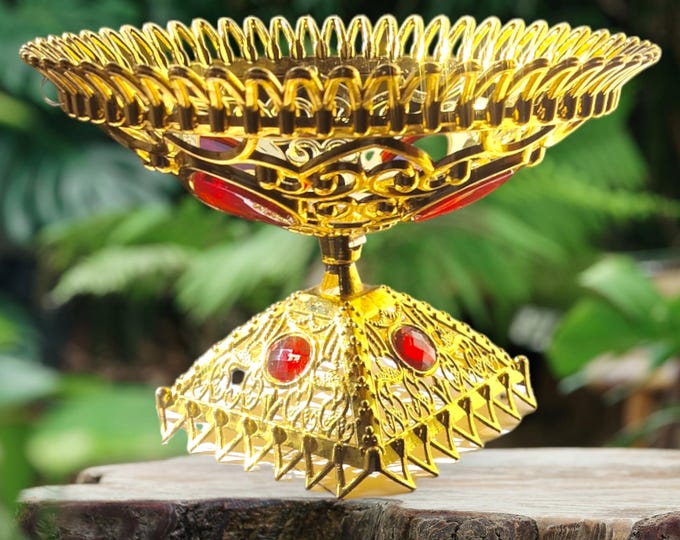 Golden Elegance Pedestal Bowl: Ruby Accents, Pooja Thali, Trinket Dish