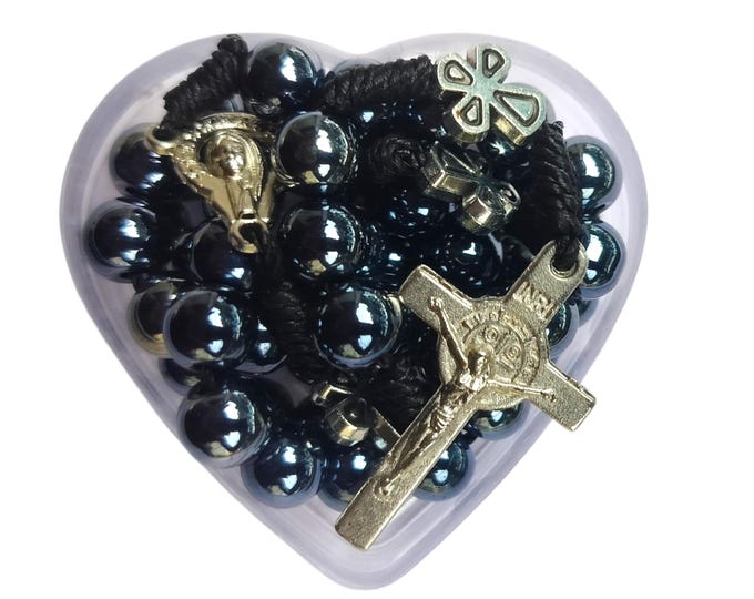 Miraculous Medal Hematite Rosary Black Stone Prayer Beads, First Communion/Confirmation Gift