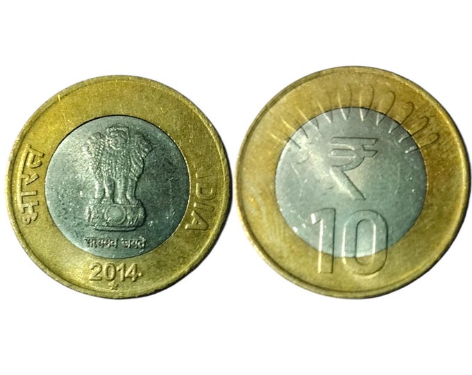 Indian 10 Rupee Coin 2014 - Authentic Bi-Metallic Currency - Numismatic Collectible