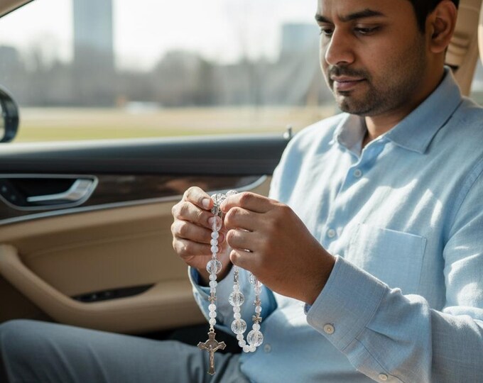 Handmade Virgin Mary Rosary, Clear Glass Prayer Beads, Crucifix Necklace