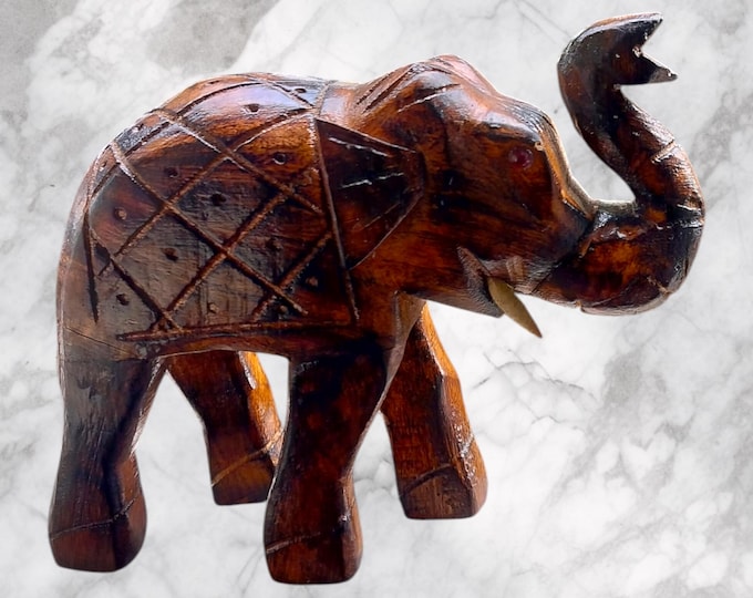 Hand-Carved Wooden Elephant Figurine | Vintage Style Wood Elephant Statue | Home Decor Gift