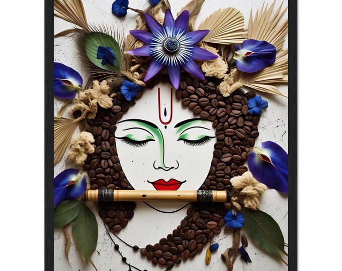 Krishna Art Print, Boho Floral Portrait, Wooden Framed Poster