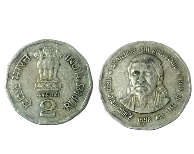 Rare 1998 India 2 Rupees Coin: Sri Aurobindo Collectible