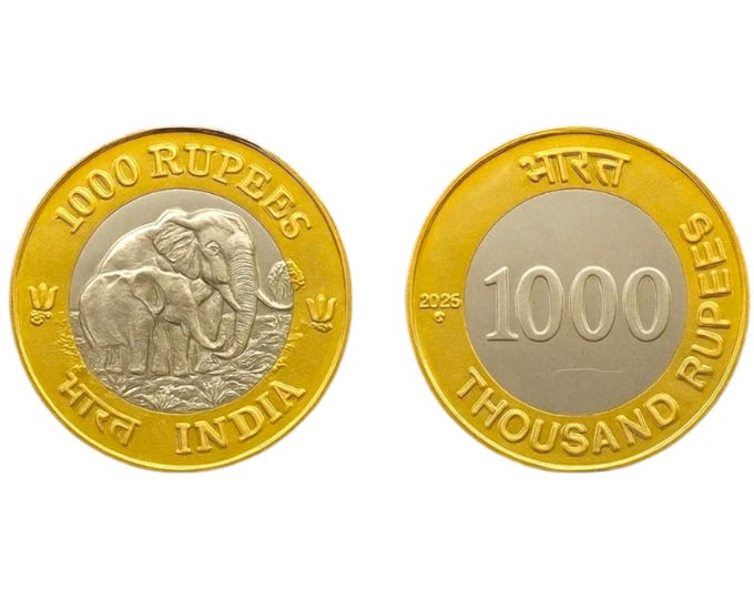 India 1000 Rupee Bi-Metallic Coin with Elephants, 2025 Commemorative Coin