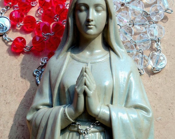 Handmade Catholic Rosary, Red Crystal Beads, Silver Crucifix, Our Lady of Good Health