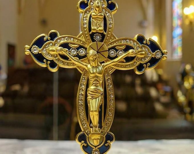 Ornate Gold & Blue Enamel Crucifix, Rhinestone Cross Ornament