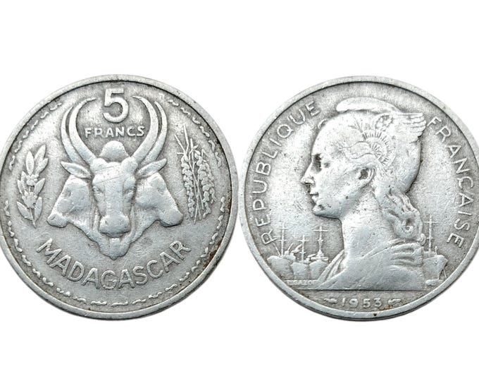 1953 Madagascar 5 Francs - Vintage French Union Era Aluminum Coin - Zebu Bull Design