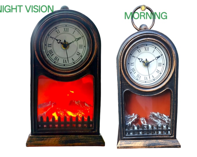 Vintage Style LED Flame Effect Clock, Tabletop Fireplace Lamp, Cozy Ambiance Decor