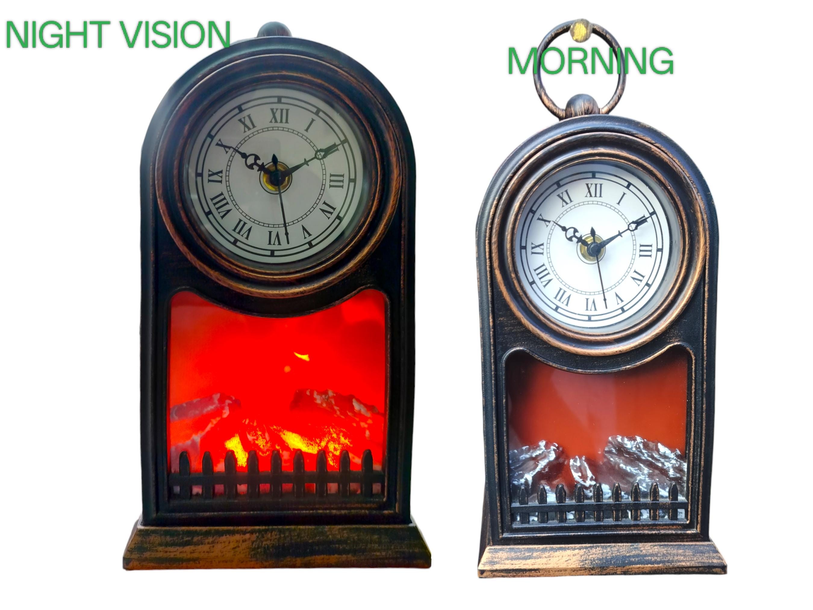 Vintage Style LED Flame Effect Clock, Tabletop Fireplace Lamp