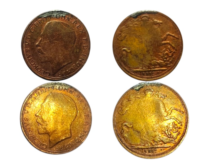 Vintage British Gold Coins - George V Profile & St. George Slaying Dragon - Antique Collectibles