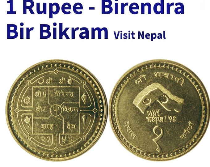 1997 Nepal 1 Rupee Coin, Birendra Bir Bikram, Visit Nepal Brass (VS 2054)