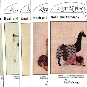 May include: A cross stitch pattern for a llama wearing a pink and brown patterned sweater. The pattern is titled "Noah and Company" and is part of the "The Artists Collection" by HeartStrings. The pattern is for 32 count Lambswool Linen and uses a red heart button.