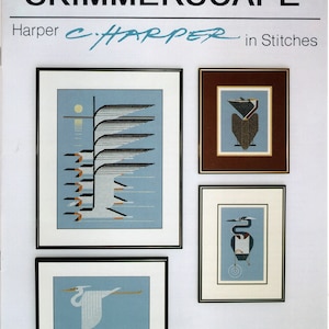 May include: A book cover for a cross-stitch pattern book titled "Skimmerscape" by Harper C. Harper. The cover features four framed cross-stitch designs of birds, including a heron, a crane, and a egret. The book is published by Puckerbrush Inc.