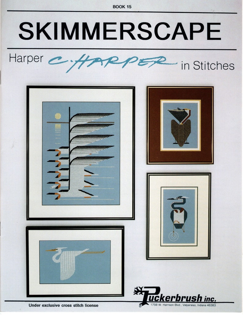 May include: A book cover for a cross-stitch pattern book titled "Skimmerscape" by Harper C. Harper. The cover features four framed cross-stitch designs of birds, including a heron, a crane, and a egret. The book is published by Puckerbrush Inc.