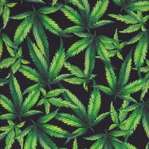 May include: A seamless pattern of green marijuana leaves on a black background. The leaves are arranged in a random pattern, with some overlapping.