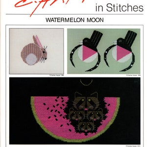May include: A cross-stitch pattern book featuring a watermelon with a crescent moon and five black cats inside. The book cover also includes three other cross-stitch patterns: a rabbit, two birds, and a watermelon with a crescent moon and five black cats inside. The book title is "Harper c.HARPER in Stitches WATERMELON MOON".